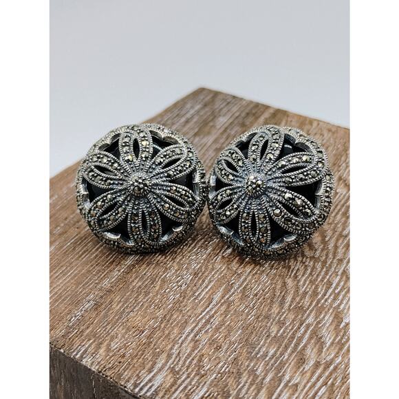 Vintage Judith Jack Marcasite, Onyx and Sterling Silver earrings - Picture 1 of 4